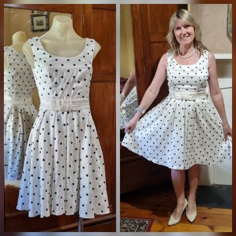 1960's-inspired Swing Dress, white/black polka-dot, by 'Review', size 6