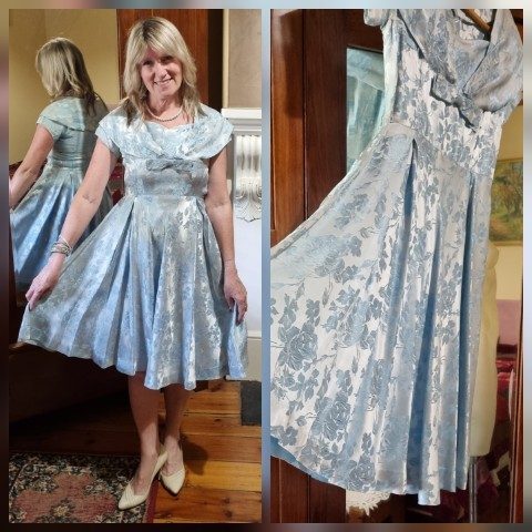 1950's Satin Damask Swing Dress, blue, handmade, size 6