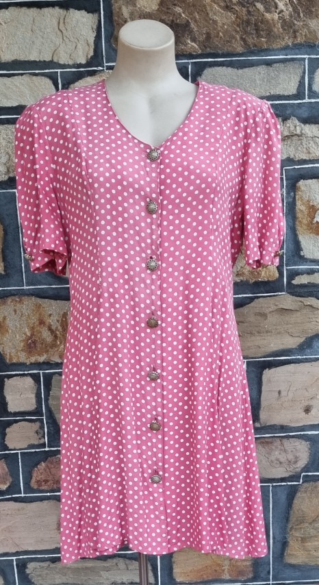 1980's A-Line Dress, Rayon, Pink/white polka-dot, by 'Laurentino', size 14 - Image 3