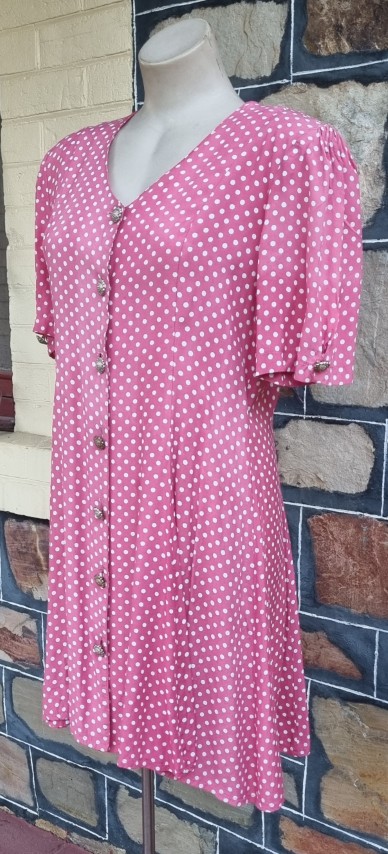 1980's A-Line Dress, Rayon, Pink/white polka-dot, by 'Laurentino', size 14 - Image 4