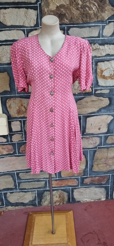 1980's A-Line Dress, Rayon, Pink/white polka-dot, by 'Laurentino', size 14 - Image 2