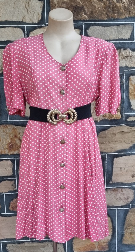 1980's A-Line Dress, Rayon, Pink/white polka-dot, by 'Laurentino', size 14 - Image 7