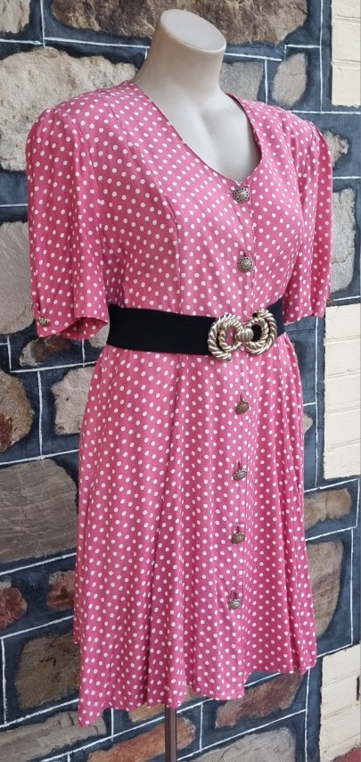 1980's A-Line Dress, Rayon, Pink/white polka-dot, by 'Laurentino', size 14 - Image 8