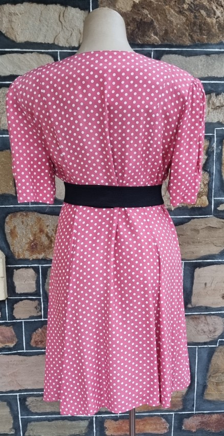 1980's A-Line Dress, Rayon, Pink/white polka-dot, by 'Laurentino', size 14 - Image 9