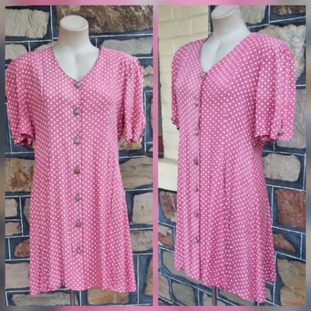 1980's A-Line Dress, Rayon, Pink/white polka-dot, by 'Laurentino', size 14