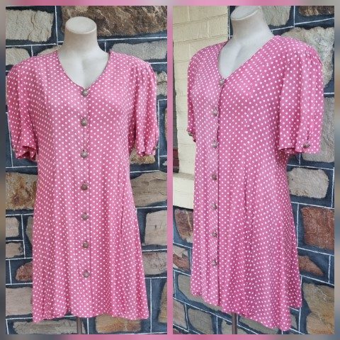 1980's A-Line Dress, Rayon, Pink/white polka-dot, by 'Laurentino', size 14