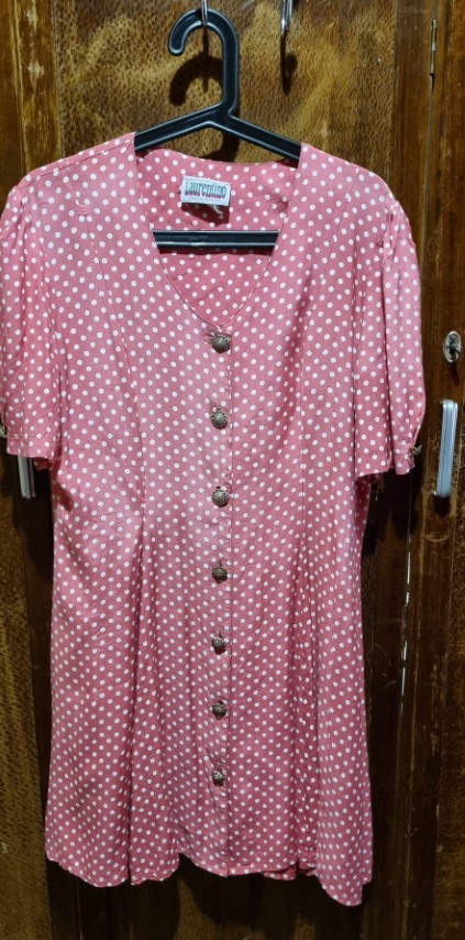 1980's A-Line Dress, Rayon, Pink/white polka-dot, by 'Laurentino', size 14 - Image 12