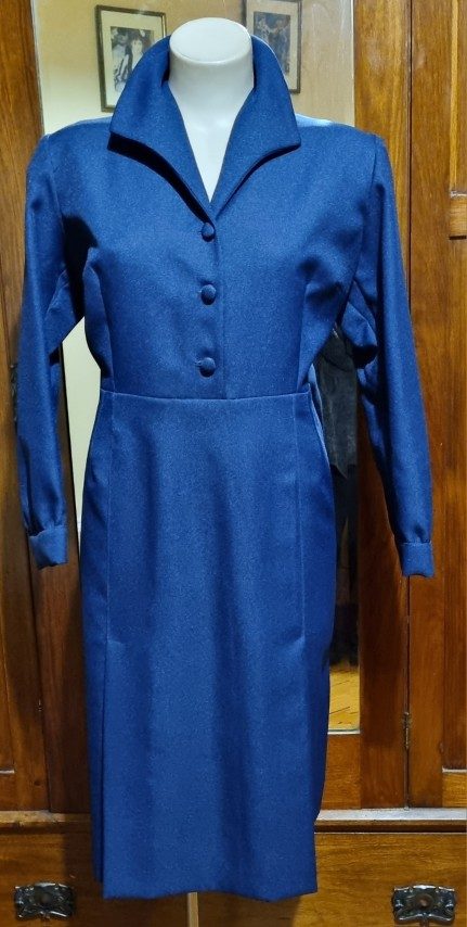 1970's Winter A-Line dress, navy, polyester, handmade, size XL. - Image 2
