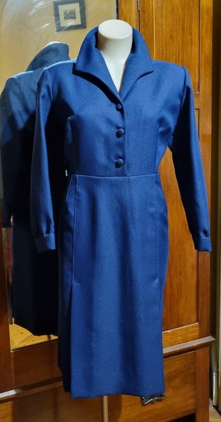 1970's Winter A-Line dress, navy, polyester, handmade, size XL. - Image 3