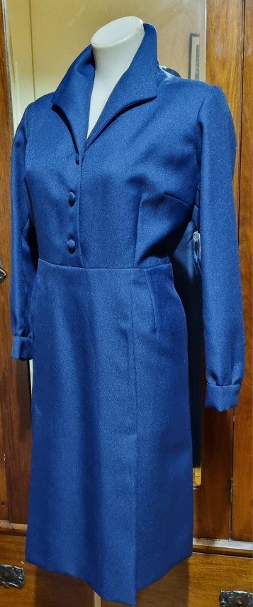 1970's Winter A-Line dress, navy, polyester, handmade, size XL. - Image 10