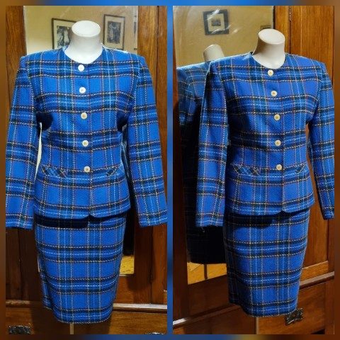 1980's 'Power' Suit, Blue Checked, acrylic, by 'D.I.O. Australia', size 12