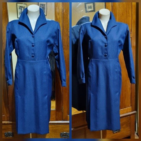 1970's Winter A-Line dress, navy, polyester, handmade, size XL.