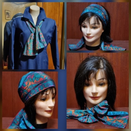 1970's Vintage Scarf, Orange/blue/green print, polyester, size 126 cm x 28 cm.