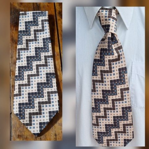 Vintage Tie, 1970's extra wide, Cream, blue, brown print, polyester.