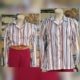 1970's Blouse, Cream/rust/brown striped, polyester by 'Currents', size 14