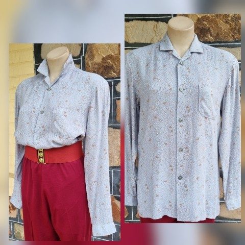 1970's Blouse, Rayon, Handmade, grey print, size 14