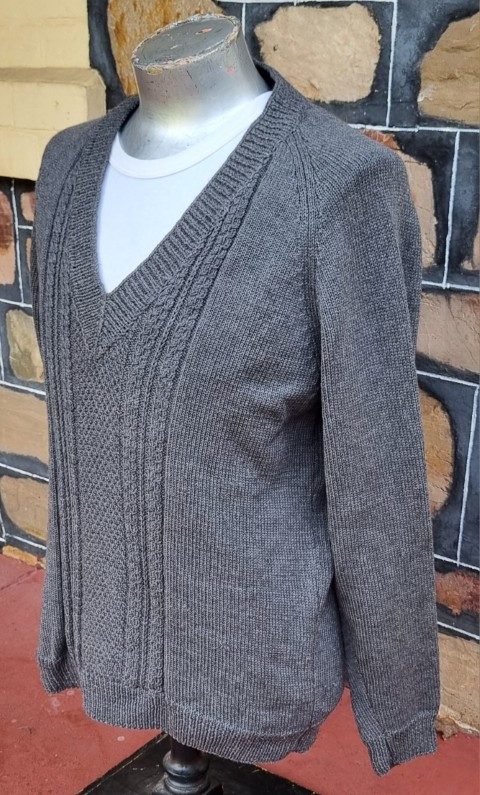 Vintage Hand Knit, V-neck jumper, grey, acrylic, size L - Image 3