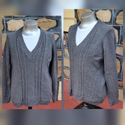 Vintage Hand Knit, V-neck jumper, grey, acrylic, size L