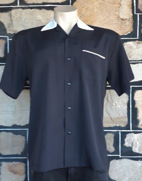 Bowling shirt, black with white collar & piping trim & action back, by 'Steady Clothing', USA, size XS-M
