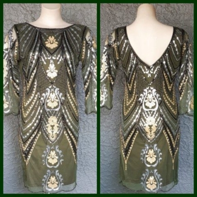 1920's Inspired, Gatsby Evening Dress, Sage/Gold, size M, 'New', by 'Vijiv'