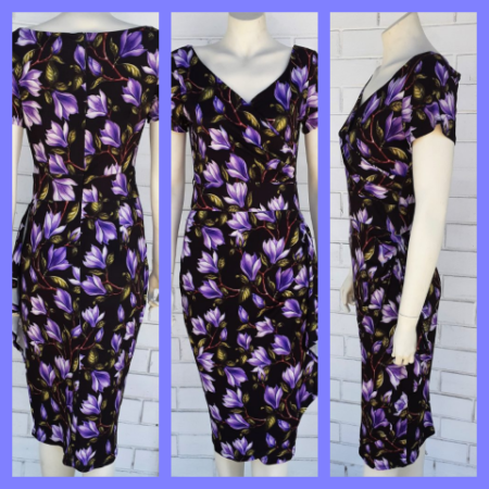 'Lady V of London' Elsie Wiggle Dress, polyester, Purple floral, size 8, 'new'.